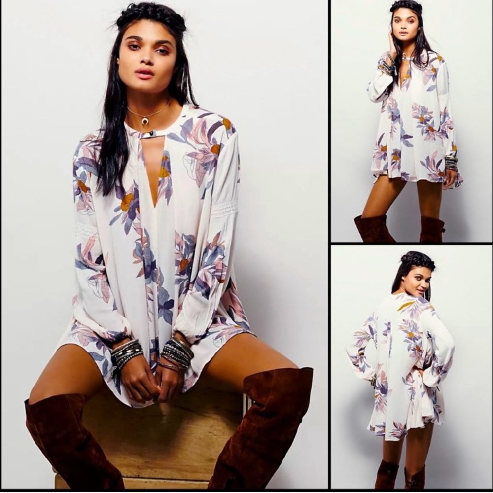 Free People Floral Mini Dress in Cream and Purple